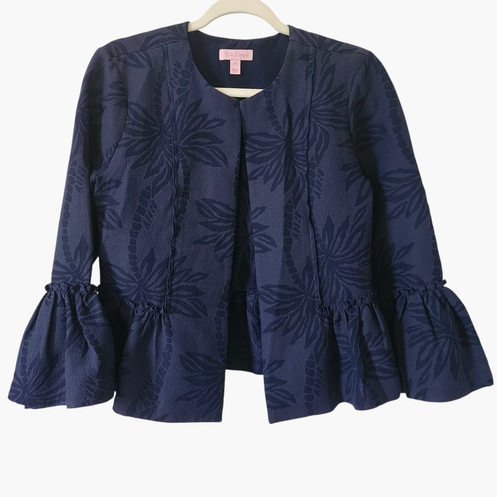 Lilly Pulitzer Shaylee Navy Blue Palm Bell Sleeve Blazer Jacket Womens Small - Picture 2 of 6